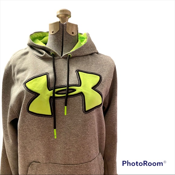 Men’s Under Armour Storm Pullover hoodie fleece sweatshirt Big Logo Gray Yellow - Picture 5 of 10